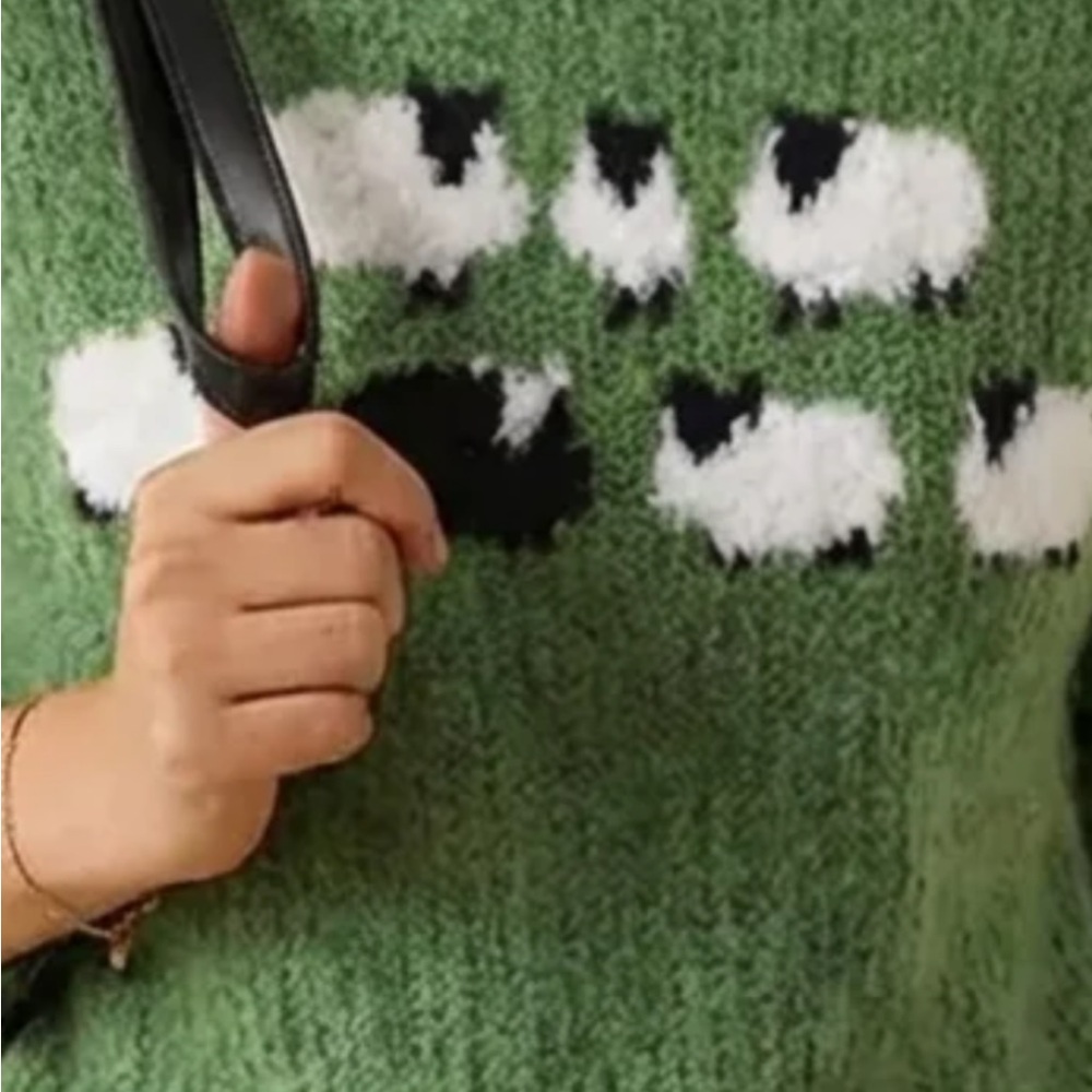 Charming Green Sheep Pattern Crew Neck Sweater - image 3